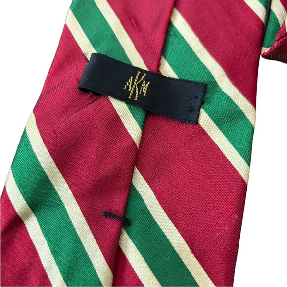 AKM Red Green Gold Striped Italian Silk Hand Made Tie - Picture 6 of 6